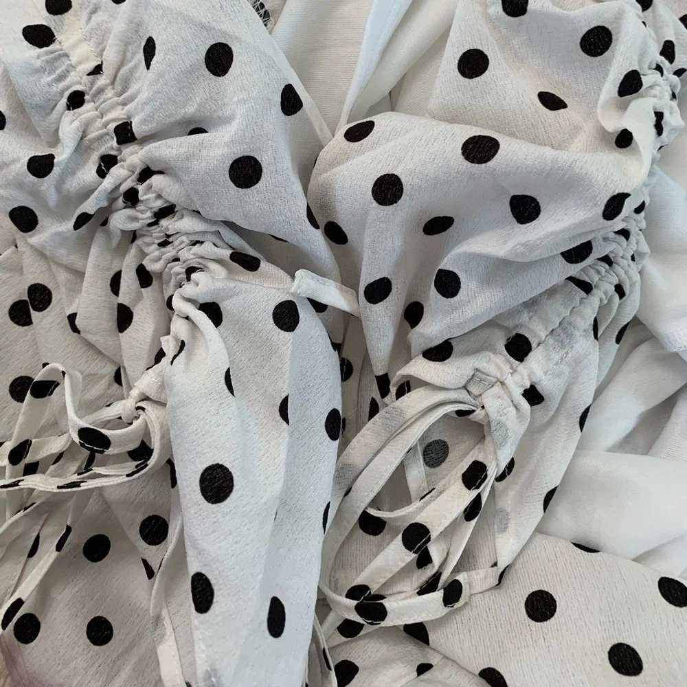 Blue Bush Black & White Polka Dot Ruffle Ruched Woven Dress Size Large